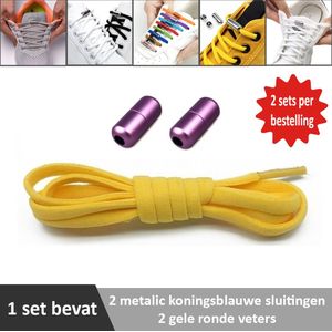 2 paar gele ronde elastische veters met metalic paarse sluitingen. Je hoeft voortaan nooit meer je veters te strikken