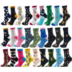 Dames sokken - 7 paar - met leuke print - grijs - blauw - wit - roze - rood - geel - 36-40 - mix - surprise - cadeau - voor haar