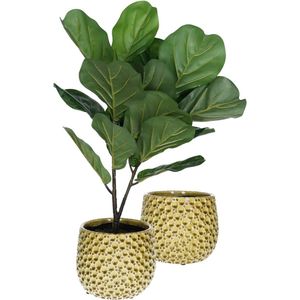 Mega Collections Plantenpot/bloempot Pebblo - 2x - keramiek/geglazuurd - geel - druppels - D21 x H17 cm