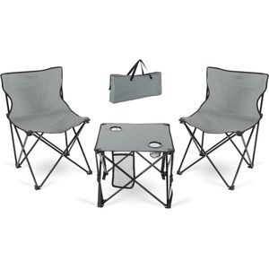 Campingstoelen met Tafel Set - 2 Opvouwbare Klapstoelen en Campingtafel met Drankhouder - Ideaal voor Festivals, Kamperen en Vissen - Inclusief Draagtas - Grijs