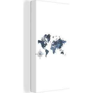 Wanddecoratie Wereldkaart - blauw - Kompas - Canvas - 40x80 cm