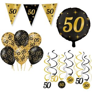 50 Jaar Verjaardag Decoratie Versiering - Feest Versiering - Swirl - Folie Ballon - Vlaggenlijn - Ballonnen - Man & Vrouw - Zwart en Goud