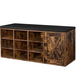 Schoenenbank, opbergkast, schoenenrek met 9 open vakken en een kast, met vulling, 110 x 30 x 48 cm, rustieke deur, vintage bruin LHS058X01