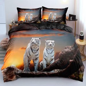 Beddengoed dier 3D Tiger thema 135x200 bruin geel zwart dekbedovertrek zacht microvezel met ritssluiting en kussensloop 80x80 cm