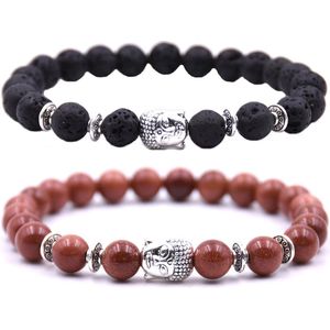 Kralen armband buddha / boedha bedel - Armband dames / heren / unisex - Natuursteen kralen bandje - Elastiek 19 cm - 8mm stenen - Armbandenset (2 stuks) - Vulkanisch zwart & bordeaux