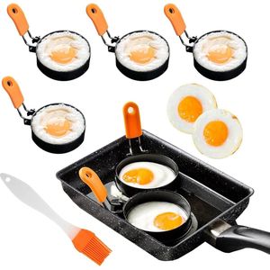 Eiervormer, eierring, spiegelei, eiervorm, voor de pan met siliconen borstel en handvat voor braadeieren, verpakking van 4 stuks rond
