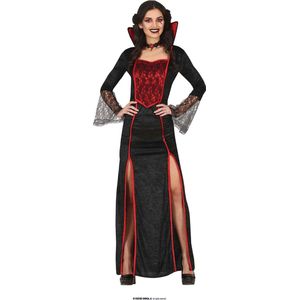 Guirca - Vampier & Dracula Kostuum - Verleidelijke Barones Valerie Vampier - Vrouw - Rood, Zwart - Maat 42-44 - Halloween - Verkleedkleding