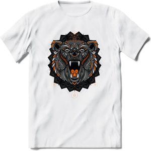 Beer - Dieren Mandala T-Shirt | Oranje | Grappig Verjaardag Zentangle Dierenkop Cadeau Shirt | Dames - Heren - Unisex | Wildlife Tshirt Kleding Kado | - Wit - 3XL