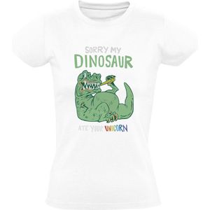 Dino T-shirt Dames | eenhoorn | dino | ongeluk | dik | gevaarlijk | sorry | tanden |