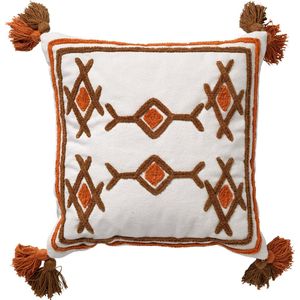 Dutch Decor ZITA - Kussenhoes katoen 45x45 cm - Snow White - wit / bruin / terra - met flosjes - met rits - zonder binnenkussen