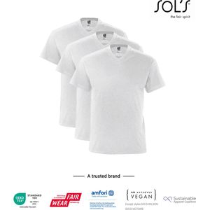 3 Pack SOLS V-hals, Heren T-Shirt 100% katoen V-hals, Licht Grijs gemeleerd Maat L