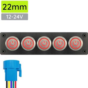 ProRide Metalen drukschakelaar 12-24V ON-OFF - Inbouwpaneel vijfvoudig - 22mm - IP67 - LED indicatie Rood