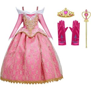 Prinsessenjurk Meisje - Roze Jurk - Verkleedkleren Meisje - 98/104 (100) - Prinsessen Verkleedkleding - Kroon - Toverstaf - Handschoenen - Carnavalskleding Kinderen - Kleed - Verjaardag meisje - Cadeau meisje