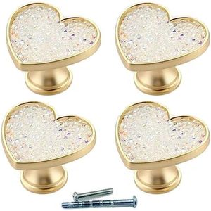 Selbro ® 4 stuks gouden-messing-hart-lade-knoppen met wit kristal, meubelhandgrepen voor kasten en dressoirs