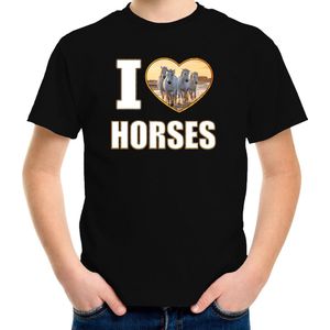 I love horses t-shirt met dieren foto van een wit paard zwart voor kinderen - cadeau shirt paarden liefhebber - kinderkleding / kleding 146/152