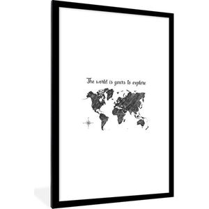 Fotolijst incl. Poster - Wereldkaart - Quotes - Zwart - Wit - 80x120 cm - Posterlijst