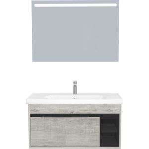 Aachen Badkamermeubel Set 100 cm Lissabon Onderkast MDF Softclose Semi handgreep 2 deuren met Keramische Wastafel 1 kraangat en Badkamerspiegel met Led-verlichting