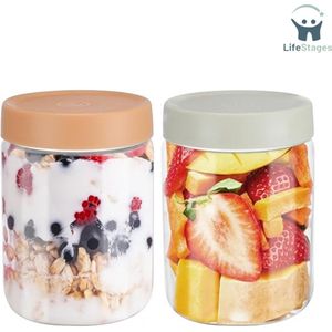 LifeStages - Overnight Oats Potjes - Container voor Nachtelijke Haver - Magnetronbestendige Potjes voor Havermout, Maaltijdbereiding, Opslag, Inmaken - Multifunctionele Inmaakpotten met Deksels - Set van 2 600ml