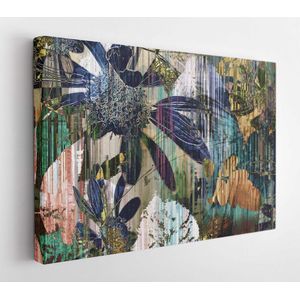 Kunst grafisch en aquarel herfst kleurrijke achtergrond met schetsen van bladeren en bloemen in blauwe, oud goud, groene en zwarte kleuren - Modern Art Canvas - Horizontaal - 1159310944 - 80*60 Horizontal