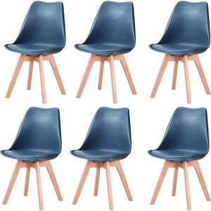 Roggi® Eetkamerstoelen – Set van 6 – Keukenstoelen – Kuipstoelen - Gestoffeerde Stoelen ��– PU Gewatteerde Zitting – Poten van Beukenhout – Waterbestendig – Zithoogte 44 cm – Draagvermogen 120 kg – Blauw