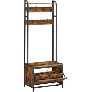 VASAGLE Schoenenkast met bank, kledingkast, schoenenkast, 7 haken, bovenste plank voor hal, slaapkamer, industrieel design, vintage bruin/zwart