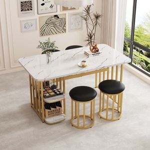 Sweiko Eettafel set (met eettafel, 4 stoelen), keuken tafel set met stalen frame, eettafel met opslagruimte, 140*80*75cm moderne eettafel, rechthoekige eettafel, eetkamer stoelen, wit en goud