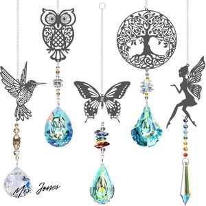 Mrs. Jones Premium Collection Kristallen Windgong - 5 stuks - Boom Uilen Kolibrie Vlinder Feeënhanger - Regenboog Kristal - Raamdecoratie - Hangend - Thuis Kantoor Tuin Outdoor Decoratie