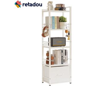 Retadou - Ladderplank, boekenkast, boekenplank met 5 niveaus en lade, plantenstandaard, boekenplanken voor woonkamer, slaapkamer, keuken, stalen frame, wit