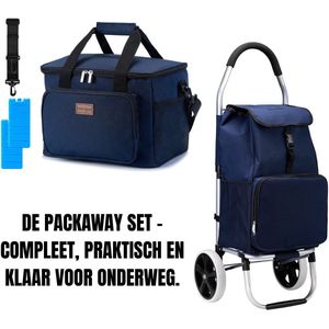 Packaway 45L Boodschappentrolley Blauw – Inclusief 15L Koeltas Lunchtas Donkerblauw – Dé set voor dames en heren die altijd voorbereid willen zijn – Van supermarkt tot strand en werk