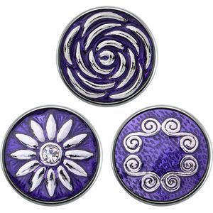 Quiges - Chunk 18mm Click Button Drukknoop Paars Set van 3 Stuks Natuur met Zirkonia Roos & Infinity - EBCMSET014