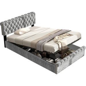 Merax Gestoffeerd Bed 90x200 cm met Verstelbaar Hoofdbord en Lattenbodem - Comfortabel Bed voor Jongeren en Volwassenen - Grijs Sneeuwvlok Fluweel