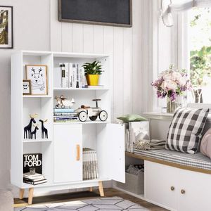 Vloeropslagkast, houten boekenkast met twee deuren, vrijstaande zijkast met plank en kubussen voor thuis en op kantoor, vitrinekast met houten poten, modern decor organisator kast