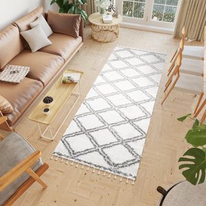 Tapiso Boho Loper Lichtbeige Grijs Hoogpolig Kwastjes Woonkamer Vloerkleed Maat- 100x150