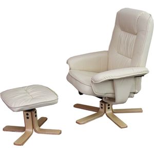 Cosmo Casa - Relaxstoel - TV Stoel met Ottoman - Kunstleer - Eucalyptus Hout - Crème