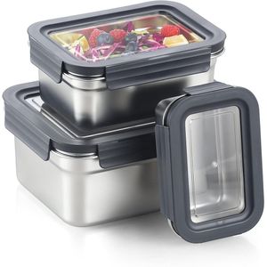 Misichao Luchtdichte roestvrijstalen voedselcontainers met deksels - Stapelbare voedselcontainers voor keuken en voorraadkast, lekvrij, metalen bento-lunchbox (450 ml + 1100 ml + 2500 ml)