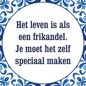 Tegeltje met spreuk: Het leven is als een frikandel. Je moet het zelf speciaal maken | Keramisch tegeltje | Incl. ophanghaakje | Cadeau voor hem & haar | Hoge kwaliteit | 10,8 cm x 10,8 cm | Tegeltjes met spreuken en tekst | Tegeltjeswijsheid