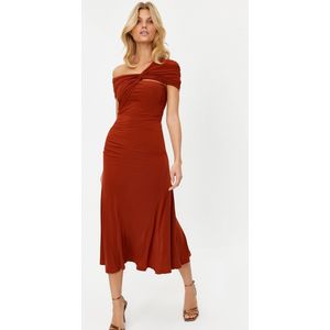 Trendyol Roze Effen Gebreide Zandkleurige Midi-Jurk Zonder Voering, Chique/Avondjurk