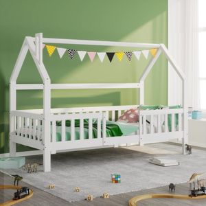 Sweiko Kinderbed huisbed met schoorsteen, Robuuste roosterlijsten, Pine houten huisbed voor kinderen, 90 x 200 cm zonder matras, Wit