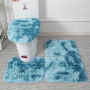 3 STKS Antislip Shaggy Badkamer Tapijt Set, U-vormige Contour Toilet Tapijt Water Absorberende Badkamer Mat Toilet Deksel Cover Tie Geverfd Blauw 2