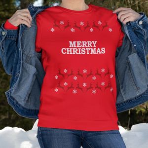 Kersttrui Rendieren - Met tekst: Merry Christmas - Kleur Rood - ( MAAT XS - UNISEKS FIT ) - Kerstkleding voor Dames & Heren