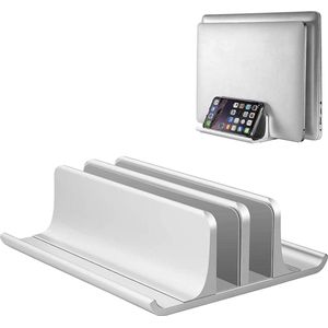 Verstelbare verticale laptopstandaard - aluminium 4-in-1 met 2 sleuven - ruimtebesparend voor MacBook, notebook, iPad - laptops tot 17,3 inch - zilver