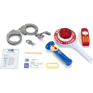 Klein Toys 10-delige politie set - handboeien met sleutel, mobiele speelgoedtelefoon, fluitje, politiescheplepel met zwaailicht en zaklamp - rood wit blauw