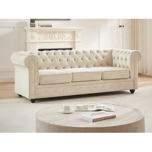 Vente-unique Driezitsbank van beige velours CHESTERFIELD L 205 cm x H 72 cm x D 88 cm