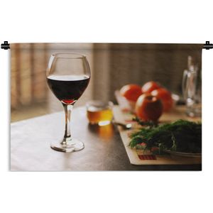 Wandkleed Rode wijn - Lekkere rode wijn met groenten Wandkleed katoen 150x100 cm - Wandtapijt met foto