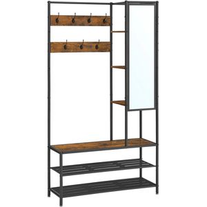 Bealive® - Garderobe kast - Hal meubel - Met schoenenkast - Met spiegel - Verstelbare voeten - Industrieel - Materiaal: Hout en Staal - 6 plank niveaus - 35x98x182 cm