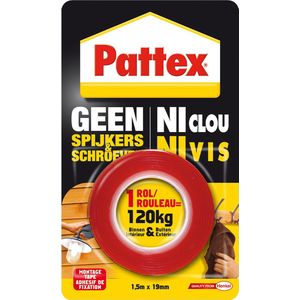Pattex Geen Spijkers & Schroeven 120kg | Binnen & Buiten Oplossingen Montagetape | Montagetape 1,5 m Verpakking.