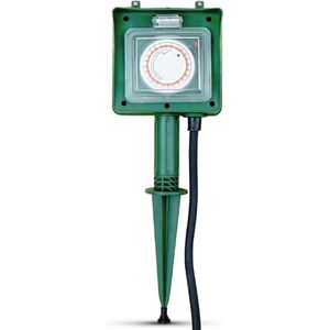 Tuinstopcontact 2-voudig Met Timer – Buitenstopcontact IP44 Met Grondpen – 2m Kabel – Meervoudig Stopcontact Voor Buiten – Groen