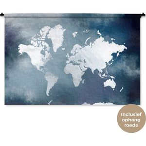 Wandkleed WereldkaartenKerst illustraties - Lichtgekleurde wereldkaart op een achtergrond van blauwe waterverf Wandkleed katoen 150x100 cm - Wandtapijt met foto