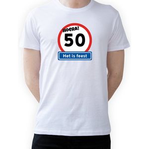 T-shirt Hoera 50 jaar|Fotofabriek T-shirt Hoera het is feest|Wit T-shirt maat L| T-shirt verjaardag (L) Sarah/Abraham(Unisex)