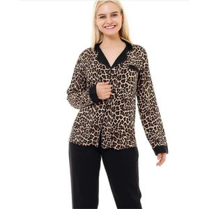 Katoen - Satijn Dames 2- Delige -Pyjama- Luxe Pyjamaset- Nachtkleding Luipaard Print Maat L